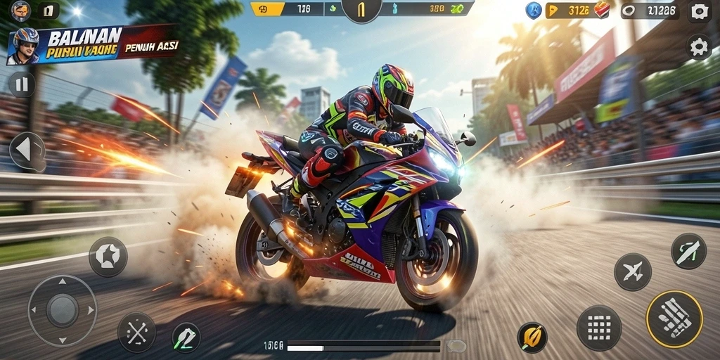 Tampilan mendebarkan dari gameplay balapan motor.