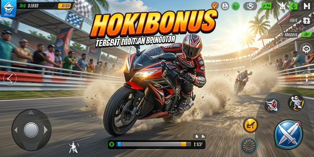 Screenshot HOKIBONUS menampilkan aksi balapan motor yang mendebarkan.