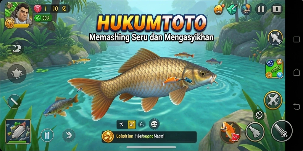 Screenshot gameplay HUKUMTOTO menampilkan aksi memancing seru di laut.