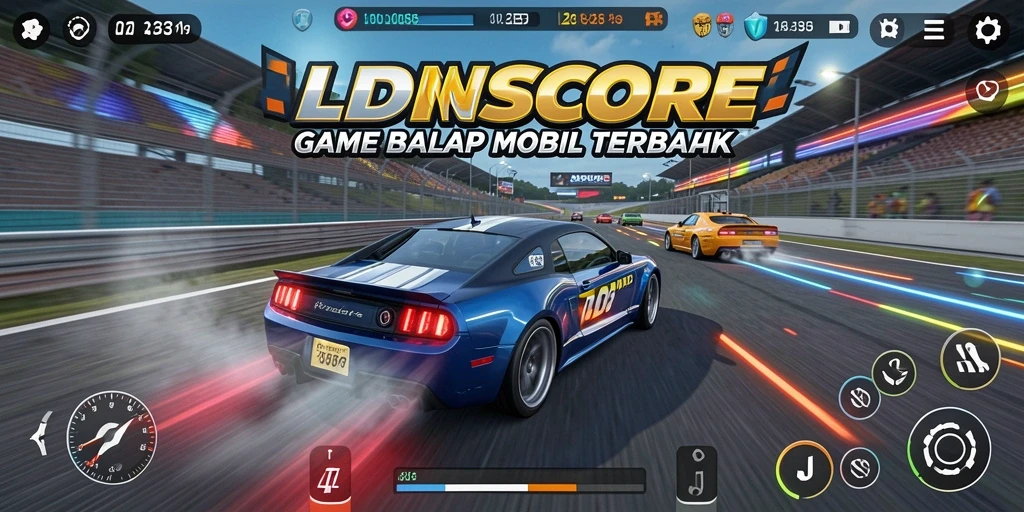 Tampilan gameplay seru dalam LDNSCORE dengan mobil balap yang cepat.