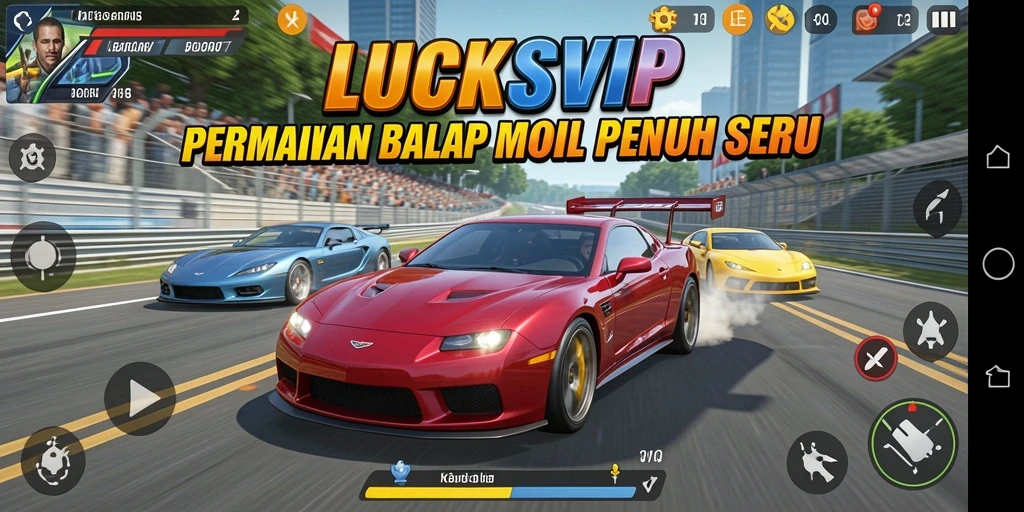 Tampilan gameplay LUCKSVIP dengan mobil balap yang cepat dan trek menantang.