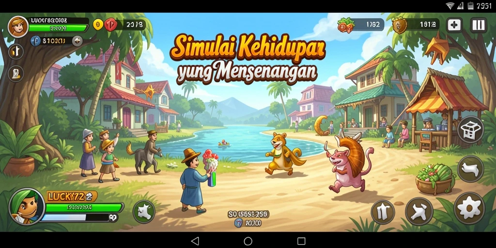 Tampilan gameplay interaktif dari LUCKY72 yang menggambarkan aktivitas pemain dalam simulasi kehidupan.