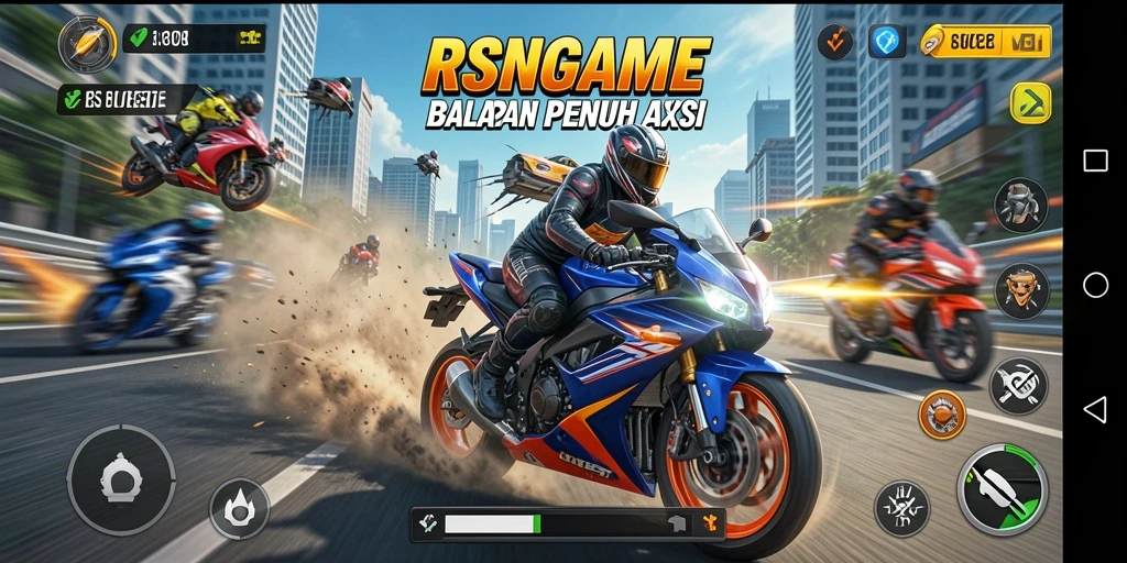 Tampilan gameplay balapan motor yang mendebarkan dan kompetitif.